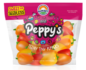 Peppy's Peppers bag example, a clear plastic bag with pink accents, full of mini peppers