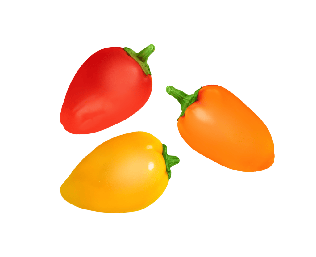 3 peppy's peppers, red, yellow, and, orange mini peppers